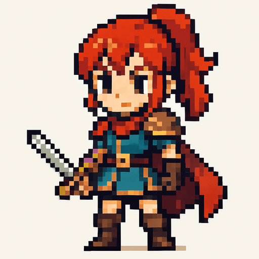 swords girl hero, standing, pixel art, no backgroun.
In-Game asset.  2d.  High contrast.  No shadows