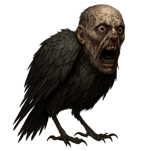 a bird with a human face but make it horrifying and real.
In-Game asset.  2d.  High contrast.  No shadows