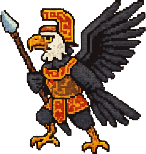 Generame un guerrero azteca con patrones, estilo pixelar, además será un Cóndor de los Andes, unidad voladora con alas, con efectos de viento.
In-Game asset.  2d.  High contrast.  No shadows