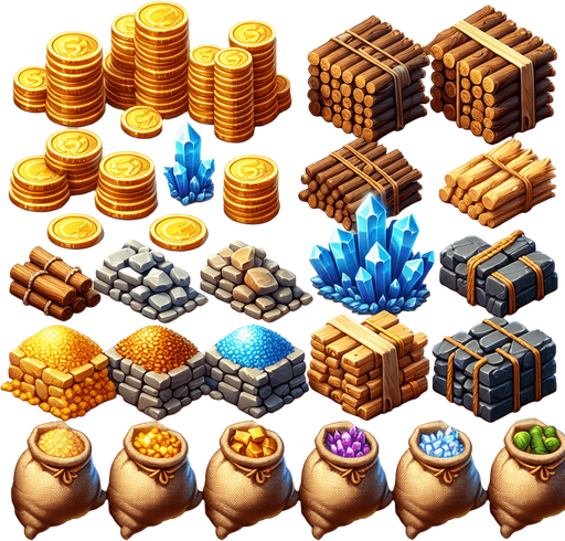 A neatly arranged collection of game resources for a strategy tycoon game. The set includes stacks of gold coins with shimmering highlights, bundles of wood tied with rope, piles of smooth gray stone blocks, shimmering crystal shards, and sacks overflowing with grains and food. Each resource has distinct, vibrant colors and semi-realistic textures, designed to be easily recognizable by players. The background is clean and neutral, ensuring the focus remains on the individual resource icons.
Single Game Texture.  In-Game asset.  2d.  Blank background.  High contrast.  No shadows
