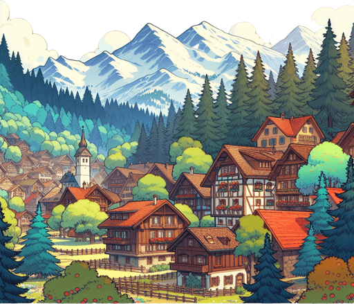 anime image 2d ghibli style. swiss forrest 
mountain and traditional village.
Single Game Texture.  In-Game asset.  2d.  Blank background.  High contrast.  No shadows