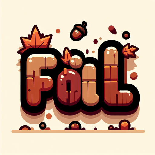 Create an SVG text design for "FALL" in bold cartoon style with chunky rounded letters. Add small falling leaves and acorn accents in warm autumn colors.​​​​​​​​​​​​​​​​.
Single Game Texture. In-Game asset. 2d. Blank background. High contrast. No shadows.