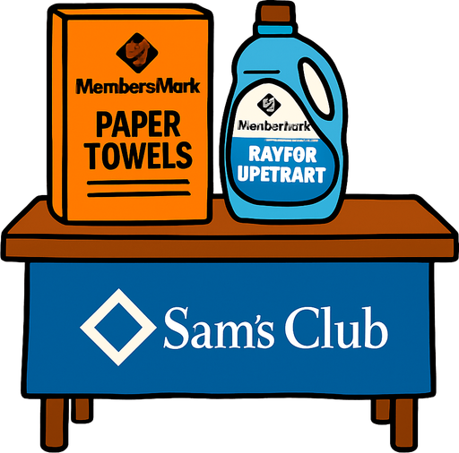 Que tenga un mantel azul  con el logo de sams club, sean menos productos y la mesita sea mas alta, el mantel no llega hasta el suelo, si no hasta a la mitad de la altura y permite ver las patitas de la mesa