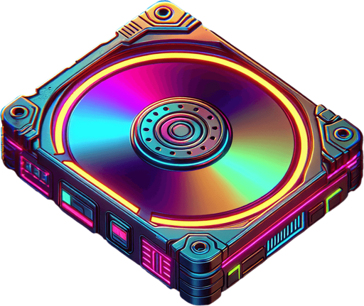 retro cyberpunk datadisk in neon colors.
Single Game Texture. In-Game asset. 2d. Blank background. High contrast. No shadows.