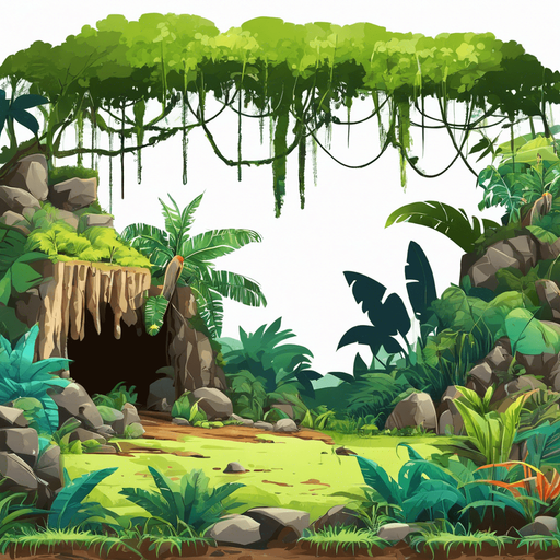 A road in a jungle with a cave nearby