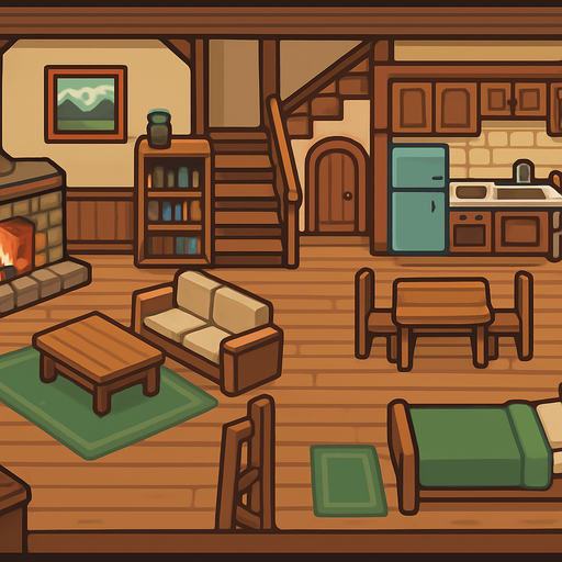 The inside of a quiet and peaceful house with no people inside.
In-Game asset.  2d.  High contrast.  No shadows