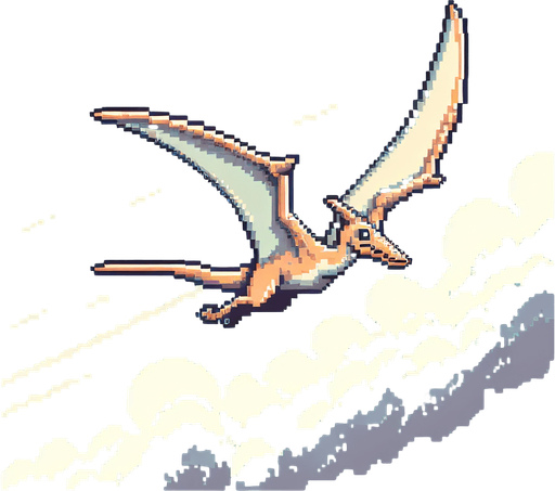 pixel art pterodactyl flying.
Single Game Texture. In-Game asset. 2d. Blank background. High contrast. No shadows.