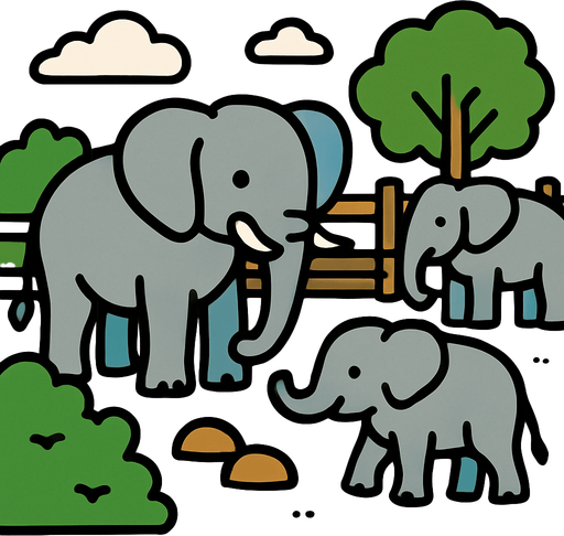 elephants in elephant enclosure.
In-Game asset.  2d.  High contrast.  No shadows
