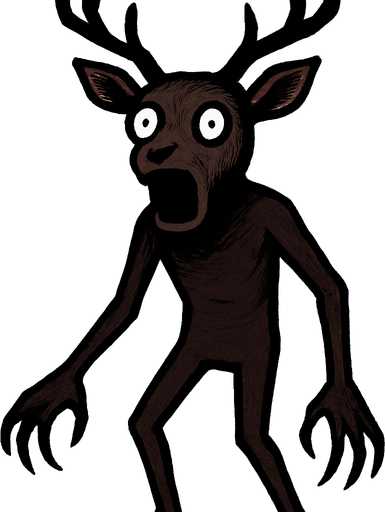 Cabeza de Ciervo: La figura posee una cabeza detallada de ciervo, con astas ramificadas de color oscuro (posiblemente negro o marrón oscuro). Tiene orejas puntiagudas y un hocico prominente de un tono más claro que el resto del cuerpo. Los ojos son grandes, completamente blancos con pupilas negras pequeñas y redondas, lo que le confiere una mirada vacía y sorprendente. La boca está abierta en una expresión que podría interpretarse como un grito o una mueca.

Cuerpo Humanoide: El cuerpo es de forma vagamente humana, con dos brazos largos y delgados que terminan en manos con lo que parecen ser garras o dedos muy alargados. Las piernas son también delgadas y la postura sugiere que está de pie. El color del cuerpo es principalmente marrón oscuro o morado oscuro..
In-Game asset.  2d.  High contrast.  No shadows