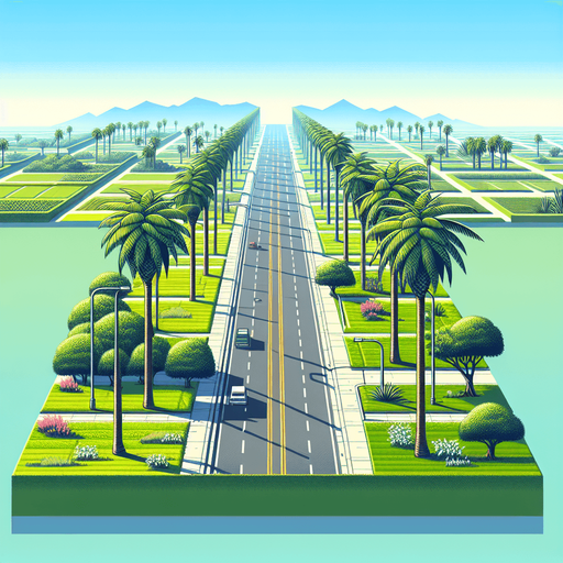 four-lane road with green lawns and palm trees.
Single Game Texture. In-Game asset. 2d. Blank background. High contrast. No shadows.
