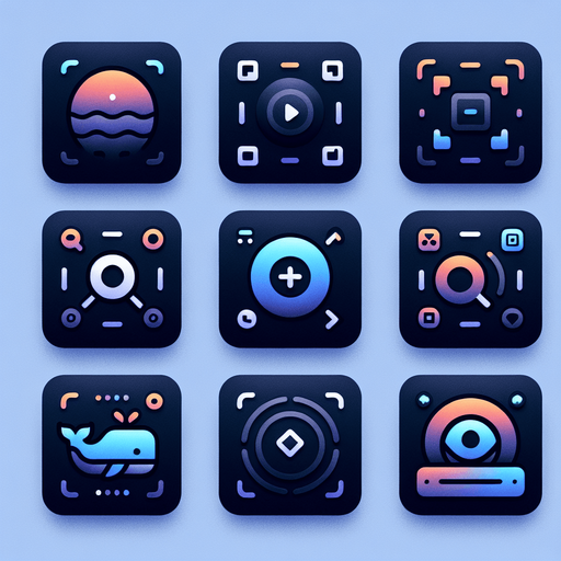 Collection of high definition modern rounded squares buttons.
simple icons : resize , fullscreen (arrows), magnifier with +,...,
Simple backgrounds. 
Few dark "blue whale" gradient colours.
no text