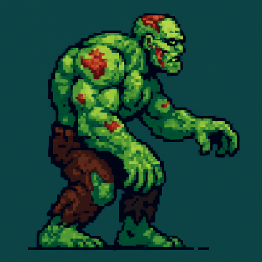A large muscular zombie. left in a side view.
pixel art.
In-Game asset.  2d.  High contrast.  No shadows