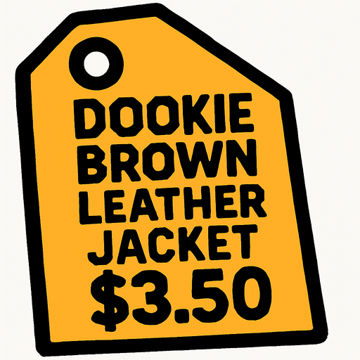 price tag that's says Dookie Brown Leather Jacket $3.50.
In-Game asset.  2d.  High contrast.  No shadows