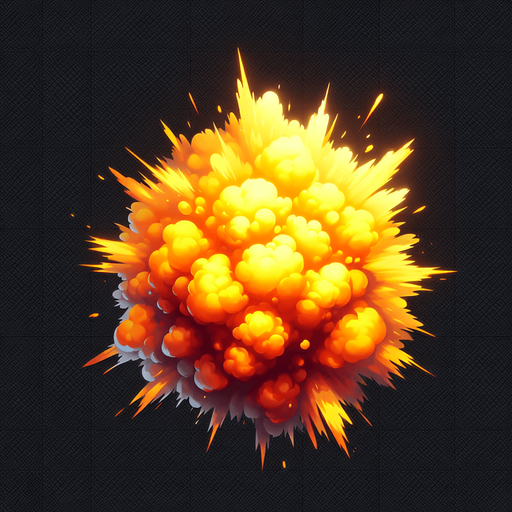 orange yellow float explosion.
Single Game Texture.  In-Game asset.  2d.  Blank background.  High contrast.  No shadows