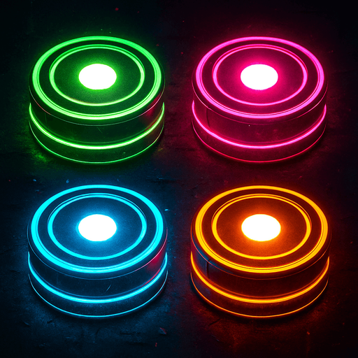make it neon cyberpunk style, make one green, one pink, one light blue, and one orange, add a white circle in the middle of each