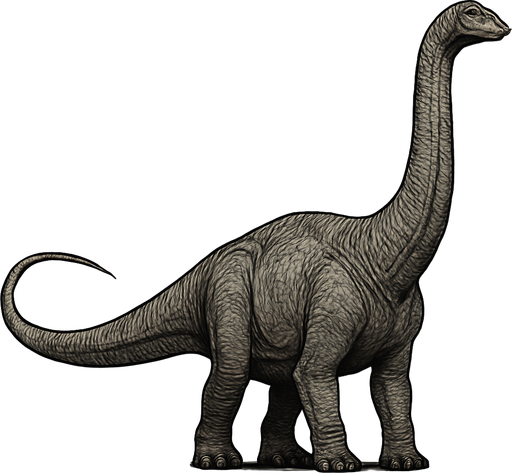 A massive Diplodocus dinosaur shown in a calm standing pose on a transparent background. It has an extremely long neck and tail, with a large bulky body covered in grayish-brown textured scales. The head is small with gentle eyes and a narrow snout. The skin shows wrinkles and rough textures, emphasizing the dinosaur’s massive size and ancient nature. The legs are thick and sturdy, supporting its heavy frame..
In-Game asset.  2d.  High contrast.  No shadows
