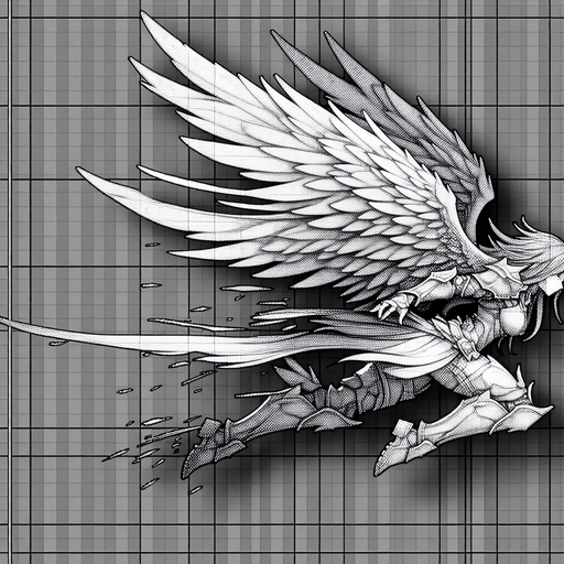 angel warrior moving left.
Single Game Texture. In-Game asset. 2d. Blank background. High contrast. No shadows.