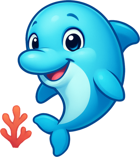 A cute cartoon-style dolphin character designed for a mobile game. Smooth, shiny skin, big round eyes full of curiosity, a friendly smile, and a playful pose as if leaping or floating in water. Light blue or aqua color with soft highlights, small flippers, and a sleek body. Joyful and approachable expression. Simple, colorful underwater background with bubbles and coral. High-quality digital illustration, perfect for a kids game..
In-Game asset.  2d.  High contrast.  No shadows. cartoon style