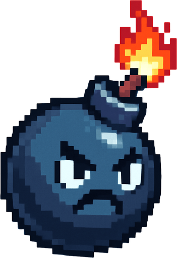 La bomba debe tener un diseño caricaturesco, en forma de esfera negra o gris oscuro con un brillo suave, una mecha encendida con fuego animado en la punta, y si es posible, una carita enojada o con expresión divertida; su estilo debe pixel art limpio, con líneas simples y colores llamativos para que resalte bien contra el fondo del cielo, y debe tener un ligero giro o movimiento mientras cae para darle vida..
In-Game asset.  2d.  High contrast.  No shadows