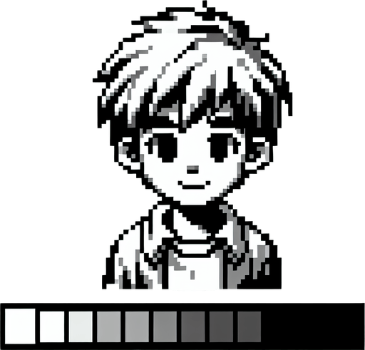 Make an 8 bit black and white grayscale boy.
Single Game Texture.  In-Game asset.  2d.  Blank background.  High contrast.  No shadows