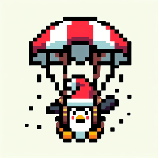 cute chubby angry parachuting penguin wearing a santa hat. pixelated. 8 bit. Single Game Texture. In-Game asset. 2d. Blank background. High contrast. No shadows.