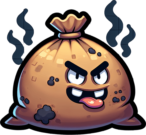 cartoon garbage bag smelly.
Single Game Texture.  In-Game asset.  2d.  Blank background.  High contrast.  No shadows