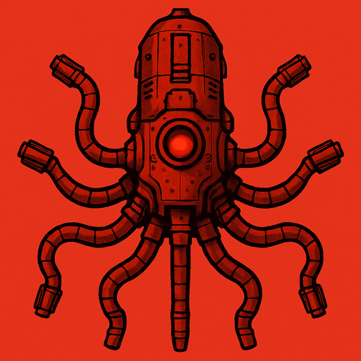 vertical top down red burn robotic octopus scifi war submarine.
In-Game asset.  2d.  High contrast.  No shadows