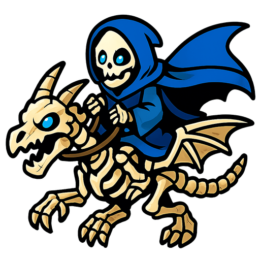 Skeleton with a blue hoodie and cape riding a skeleton dragon.
In-Game asset.  2d.  High contrast.  No shadows