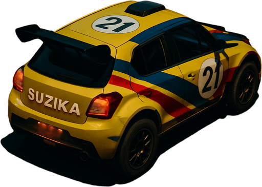 Photorealistic Suzuki Rallycar in nightlight, drone topview from back and 45 degrees angle in top right corner. Replace SUZUKI text to SUZIKA