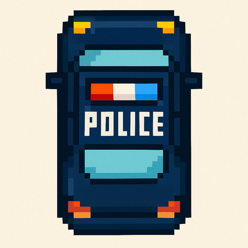 coche de policia hecho con pixeles con perspectiva desde arriba
In-Game asset.  2d.  High contrast.  No shadows