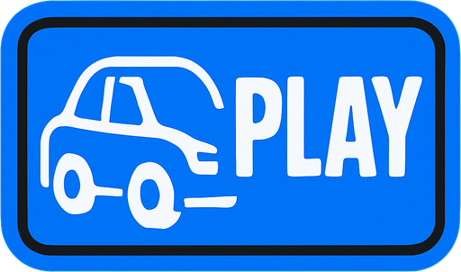 Usntunde play yazan araba temali mavi bir dugme.
In-Game asset.  2d.  High contrast.  No shadows