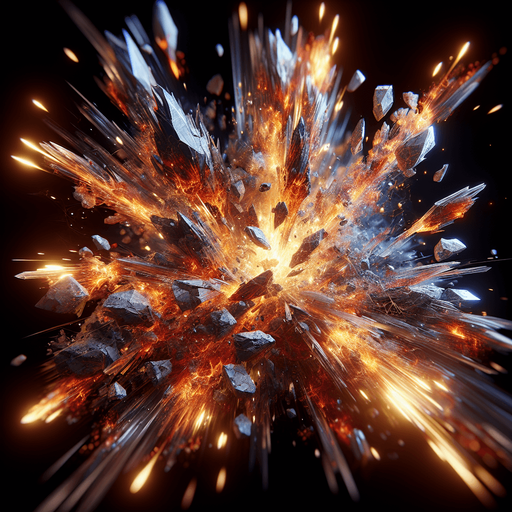 Rocks explosion, lights, sharp pieces, blur, HD images, fire..
Single Game Texture. In-Game asset. 2d. Blank background. High contrast. No shadows.