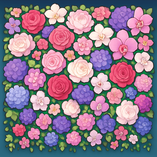 A beautiful flower wall made of a lush mix of vibrant, colorful flowers like roses, peonies, hydrangeas, and orchids. The wall is densely packed with blossoms in shades of pink, red, white, purple, and pastel tones. Greenery like ivy and leaves peek through the blooms, adding depth and contrast. The arrangement is elegant and symmetrical, ideal as a photo backdrop for events like weddings or parties. High-resolution, soft lighting, and dreamy atmosphere..
In-Game asset.  2d.  High contrast.  No shadows. cartoon style