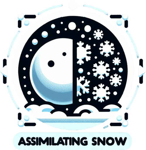 Icon for a snowball collide with snoflakes and becomes bigger, on a circle, with the text „ASSIMILATING SNOW“ at top, cartoon Single Game Texture. In-Game asset. 2d. Blank background. High contrast. No shadows.