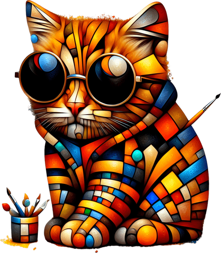 The character is reimagined as an homage to the essence of Picasso's artistry, transforming the cartoon-style orange tabby cat into a figure of abstract fascination. Its once round face now adopts an intriguing assortment of angles and planes, suggestive of Cubism's revolutionary approach, with oversized round black opaque sunglasses, and a pronounced red pout all reinterpreted through geometric distortion. The stripes of the cat's fur morph into a tapestry of fragmented shapes, blending shades and tones in unexpected juxtapositions that challenge conventional perspectives.

Splatters of color across its form not only signify its role as an artist but also pay tribute to Picasso's vibrant palette, with hues that break free from the confines of form and structure. The cat's body, while maintaining its smaller scale compared to its head, is depicted with a cubist's freedom, breaking the boundary between dimension and representation. Clutching a paintbrush, the cat becomes a beacon of creative expression, surrounded by a halo of color and form that defies the ordinary.

Adorned in a simple hoodie, now reimagined as a canvas of abstracted shapes and colors, the cat sits poised, embodying the relaxed yet profoundly transformative essence of Picasso's artistic legacy. This character, through playful abstraction and whimsical creativity, stands as a mascot for the boundless imagination of art, perfect for inspiring a love of creativity in a children's book or as a distinctive figure in any artistic endeavor."

This description embraces the spirit of Picasso's work—innovative, bold, and ever-challenging the viewer's perception—while tailoring the essence to fit the unique character of this artistic cat..
Single Game Texture. In-Game asset. 2d. Blank background. High contrast. No shadows.