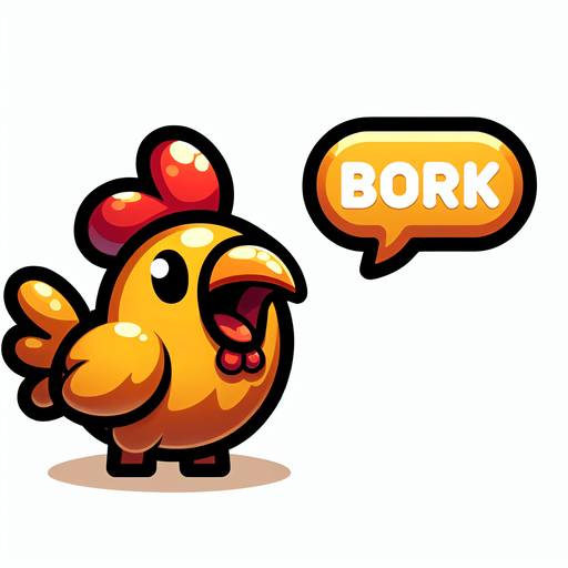Cartoon Chicken Shouting. Speech bubble with text "Bork"
Single Game Texture.  In-Game asset.  2d.  Blank background.  High contrast.  No shadows