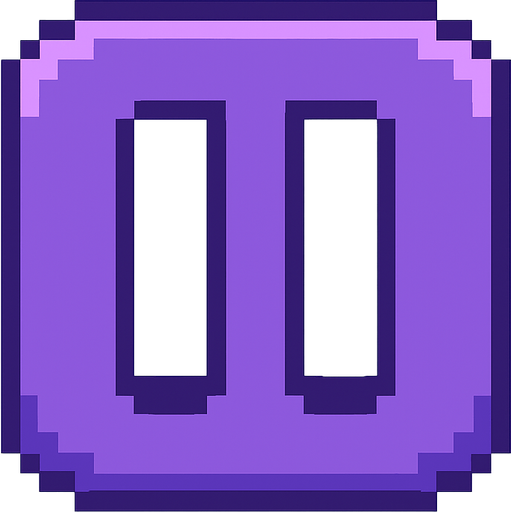 Pixel art pause button, purple color, rounded corners, 8-bit UI style, minimal design, no background, 80x80 size, suitable for mobile rhythm game interface.
In-Game asset.  2d.  High contrast.  No shadows