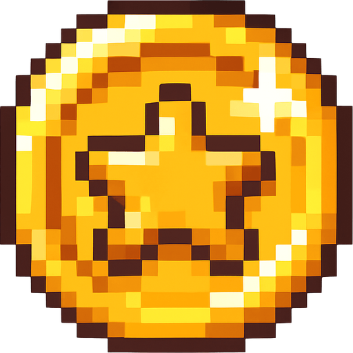 Golden coin sprite, shiny yellow gold surface, circular shape with star or gem symbol in center, pixel art style, slight shine effect or sparkle, collectible item appearance, rotating animation-ready, bright and eye-catching, classic video game coin design, 16-bit aesthetic, transparent background.
In-Game asset.  2d.  High contrast.  No shadows