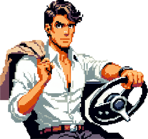 cool looking driver holding a car wheel as if he's driving. 30 years old. vintage retro 1980 style. 3/4 view. pixelated. 8 bit. Single Game Texture. In-Game asset. 2d. Blank background. High contrast. No shadows.