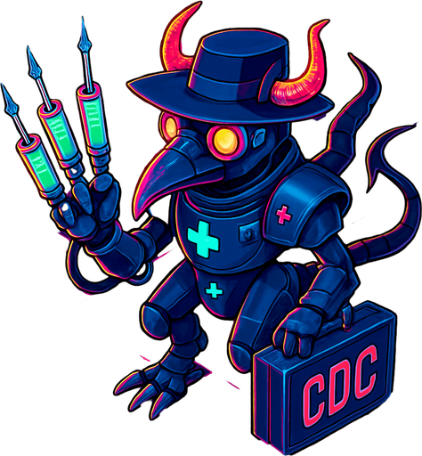 Neon cyberpunk anime top down isometric animatronic plague doctor cyborg demon medic CDC corporate robot monster disease pestilence medicine syringes