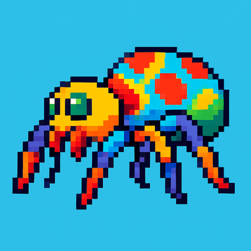 pixel art colorful spider sideview.
In-Game asset.  2d.  High contrast.  No shadows