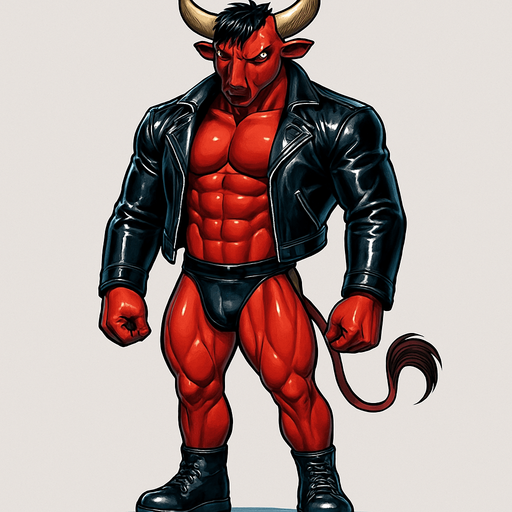 idle animation hunky Minotaur man Cyberpunk manga, minotaur monster hunk, shiny black leather biker jacket longsleeves shirtless muscles, jockstrap combat boots, Background removed, "Full-body character, entirely in frame, no cropping of face, head, or feet" "Complete character visible, from horns to hooves, fully centered in the image" "Entire character, including face and boots, fully within the frame" Character fully contained within a square frame, no edges cut off fashion model idle pose