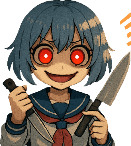 Stella, a 15-year-old anime girl with short, soft hair in a bluish-gray tone (HEX: #b0b9d8), and large black eyes with oversized irises (super kawaii style), glowing with intense yandere red. She wears a traditional Japanese school uniform (classic sailor fuku). She is inside a Japanese school locker, with soft light coming through the ventilation slits, casting dramatic shadows on her face. Her eyebrows are furrowed in extreme anger, but she has a wide, creepy smile, like someone completely insane. Dark under-eye circles highlight her unhinged expression. Her right hand holds a butcher knife slightly raised, while her left hand gently touches the blade with her index finger, mimicking a clock hand motion. Visual style: highly detailed Pixel Art.