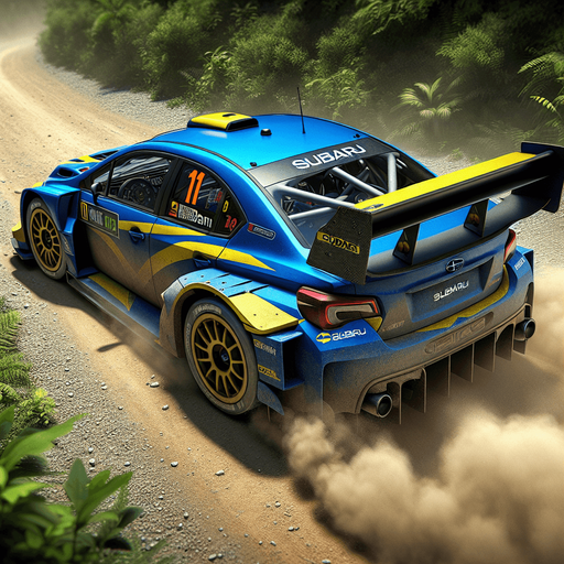 Hyperrealistic blue Subaru rally car with yellow liverys, top down view from the rear wing
