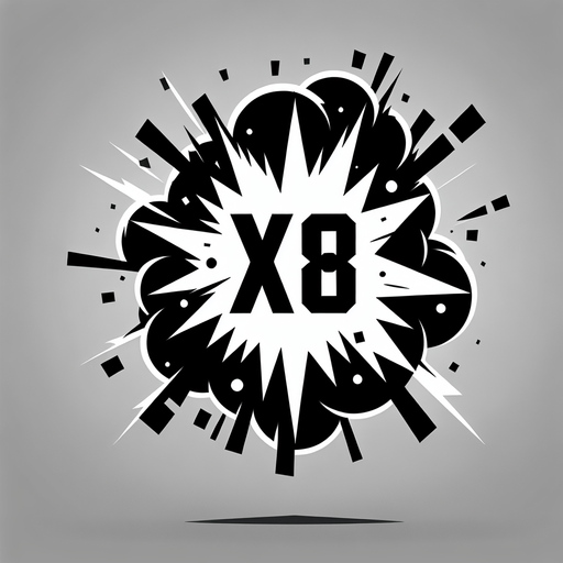 爆炸，里面有X8的字样.
Single Game Texture. In-Game asset. 2d. Blank background. High contrast. No shadows.