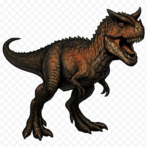 A fierce Carnotaurus dinosaur depicted in a dynamic neutral pose on a transparent background. It has a slender but muscular body covered with rough, textured reddish-brown and dark gray scales. The head is distinctive with two prominent horns above its eyes and a wide mouth showing sharp teeth. Its arms are tiny and tucked close to the body, while powerful legs end in sharp claws. The skin shows bumps and small scars, emphasizing its predatory nature and agility..
In-Game asset.  2d.  High contrast.  No shadows