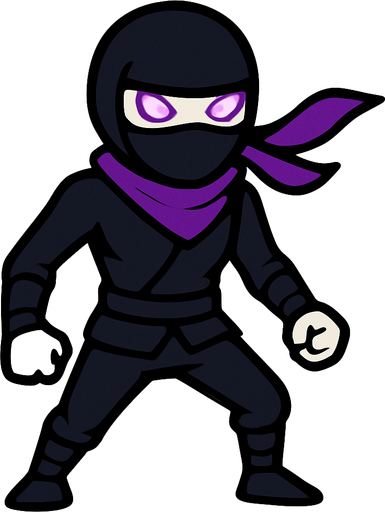 A ninja wearing tight black clothes, purple scarf, masked face, white skin, glowing purple eyes, slim and agile body, simple background, front-facing character with no background, standing pose, 2D game character.
In-Game asset.  2d.  High contrast.  No shadows