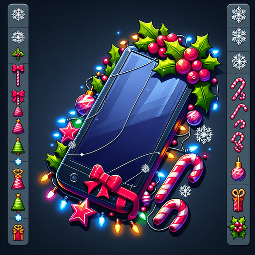 a smartphone, christmas style Single Game Texture. In-Game asset. 2d. Blank background. High contrast. No shadows.