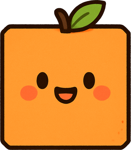 Square orange peach with cute happy face. Cartoon style. Cute art style. Simple vector style. No Shadow Single Game Texture. In-game asset. 2d. Blank background. High contrast. No shadow. square with corners