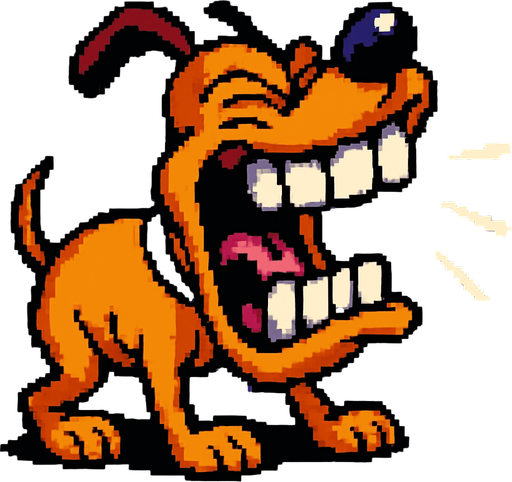 Un perro bobo ladrando con los ojos cerrados  pixel art dientes grandes, estilo earthworm jim.
In-Game asset.  2d.  High contrast.  No shadows